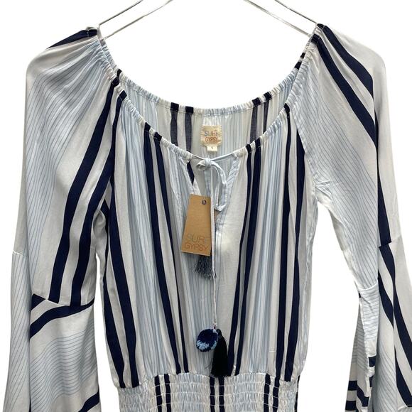 Surf Gypsy Navy and White Stripe Flounce Sleeve Smocked Waist Dress Size Small - Picture 3 of 9